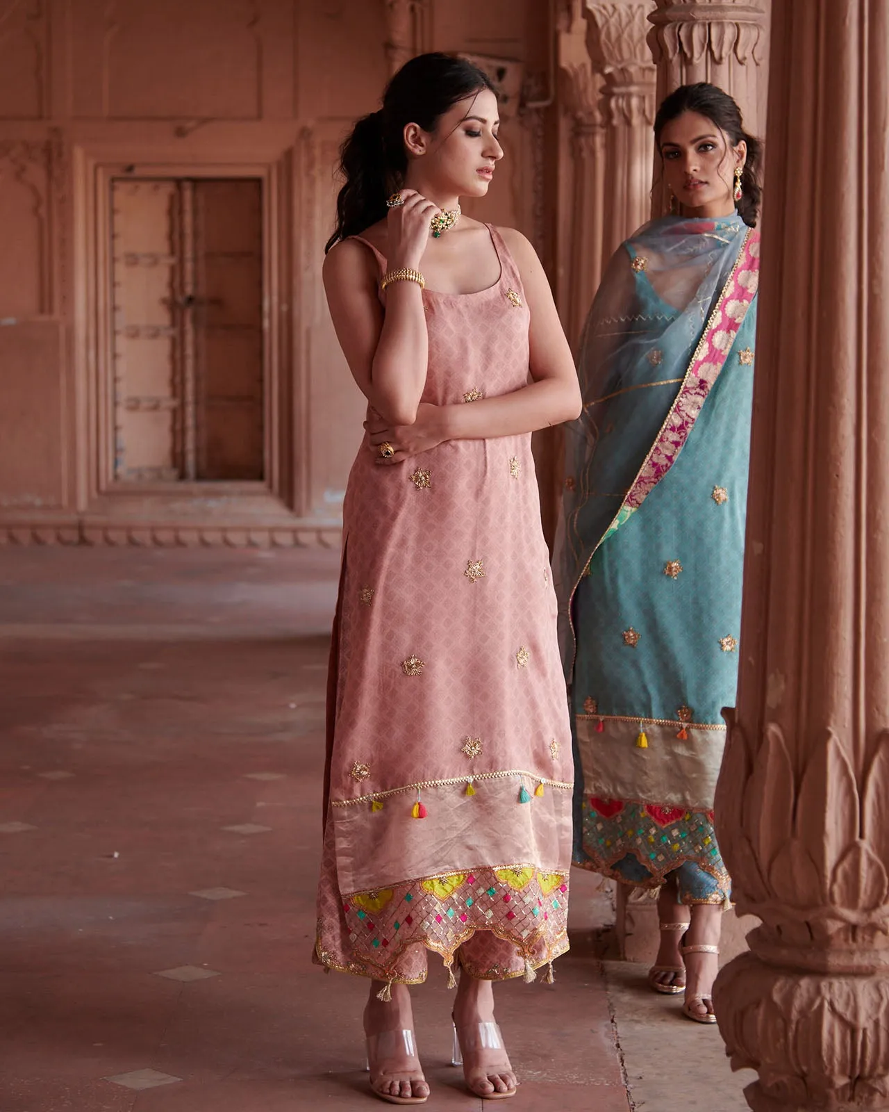 Zahra Pastel Pink - Powder Blue Printed Organza Panel Kurta Set