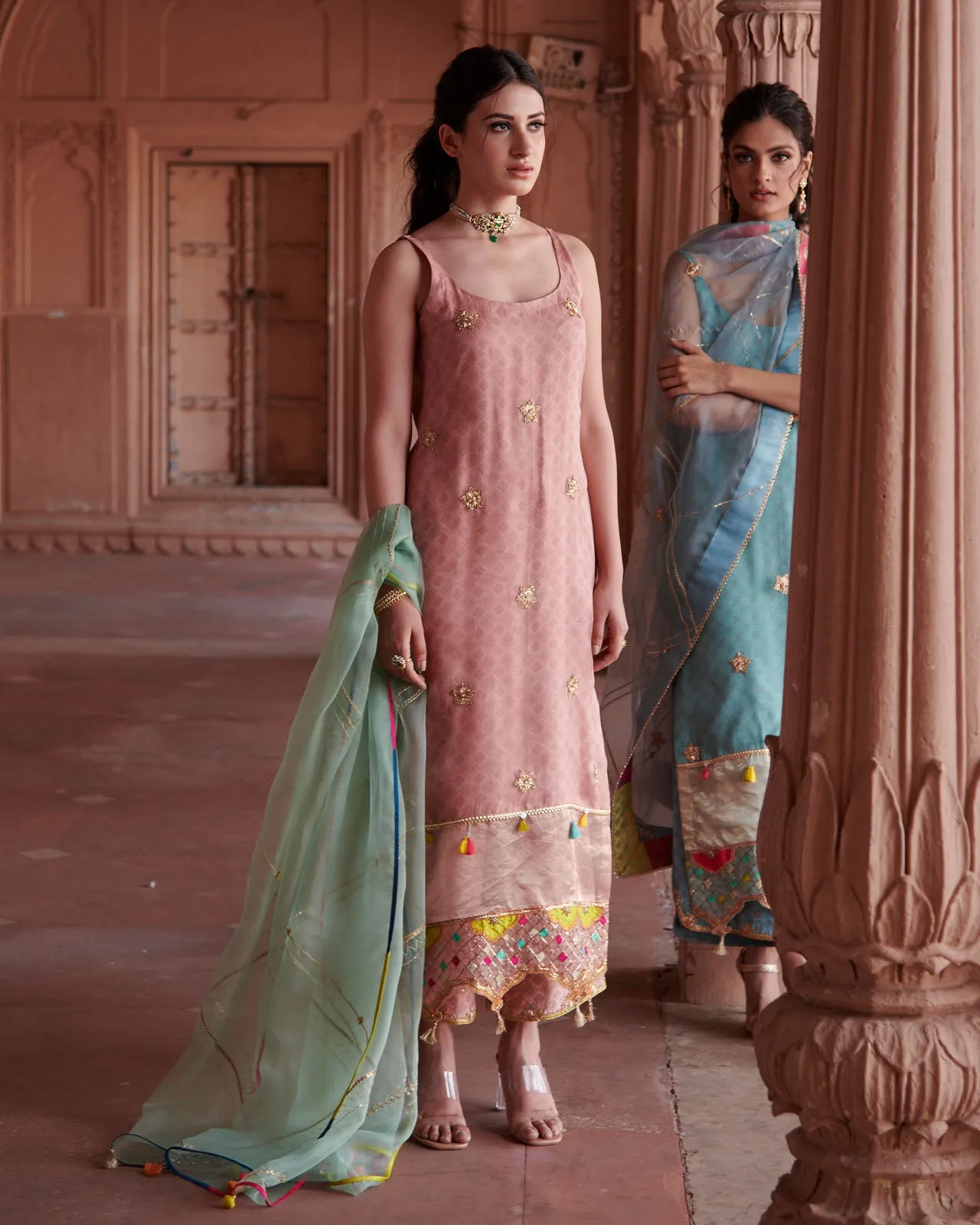 Zahra Pastel Pink - Powder Blue Printed Organza Panel Kurta Set