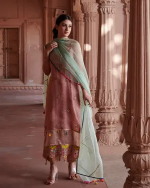 Zahra Pastel Pink - Powder Blue Printed Organza Panel Kurta Set